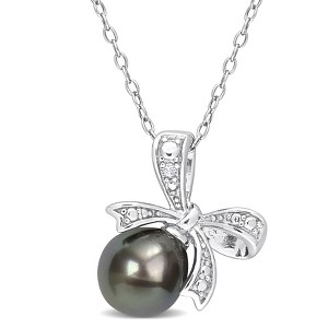 EVERLY JEWELRY | Sterling Silver 8-8.5mm Black Tahitian Cultured Pearl and Diamond Accent Bow Pendant with Chain - 18 inch - 1 of 4