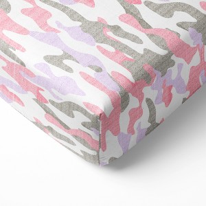 Bacati - Jungle Safari Camo Girls Lilac/Coral Muslin 100 percent Cotton Muslin Universal Baby US Standard Crib or Toddler Bed Fitted Sheet - 1 of 4
