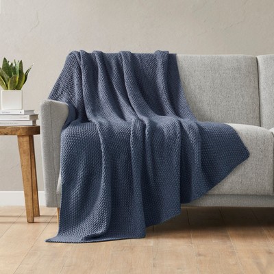 JUJABU 50"x60" Cotton Knit Throw Blanket for Couch, Bed or Chair, Lightweight All-Season Use, Blue