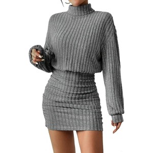 Long Lantern Sleeve Ribbed Knit Sweater Dress, Turtle Neck Bodycon Mini Pullover Dress for Women, Fall and Winter Fashion Grey - 1 of 4