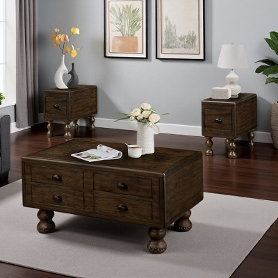 Rectangle 3-Piece Solid Wood Coffee Table Set