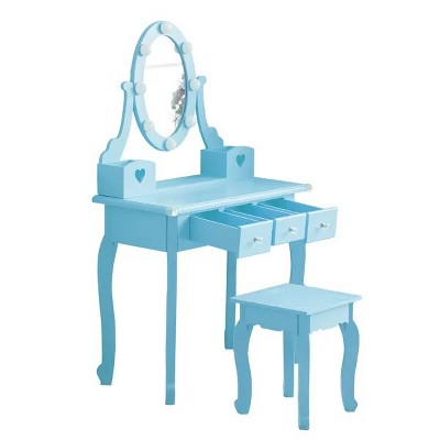 Children's dressing table set with mirror, light and stool, 5 storage drawers, for little girls aged 3+, macaroon blue