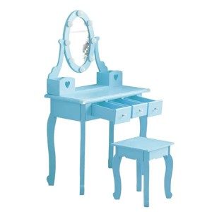 Children's dressing table set with mirror, light and stool, 5 storage drawers, for little girls aged 3+, macaroon blue - 1 of 4