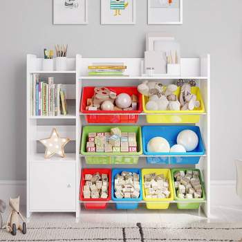 Sturdis Toy Storage Organizer with Bookshelf, Kids Playroom Organization Shelving Unit with Removable Colorful Storage Bins & Anti-Tip Bracket, White