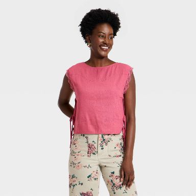 Women's Western Short Sleeve Embroidered Tie Top Blouse - Universal Thread™ Pink XS