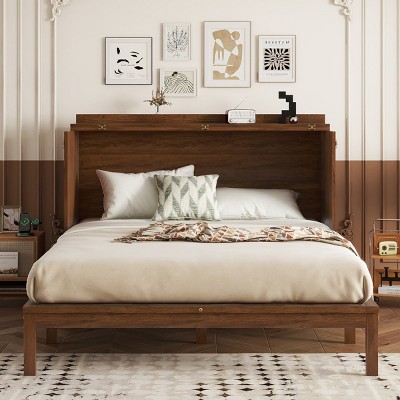 Queen Size Vintage Murphy Bed with Power Station and Rattan Panel, Foldable Pine Wood Cabinet Bed for Bedroom-Baofuwish