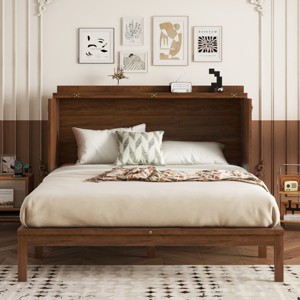 Queen Size Vintage Murphy Bed with Power Station and Rattan Panel, Foldable Pine Wood Cabinet Bed for Bedroom-Baofuwish - 1 of 4