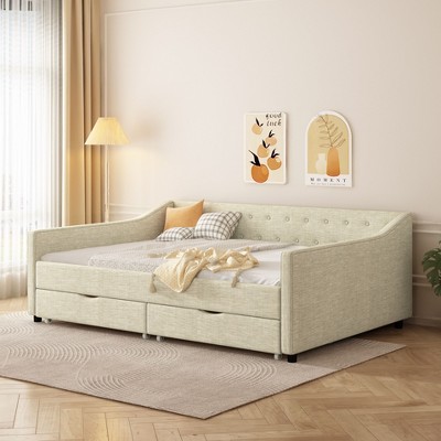 NicBex Full Size Daybed with 2 Drawers,Upholstered Tufted Button Sofa Bed for Bedroom,Living Room,Apartment,Beige