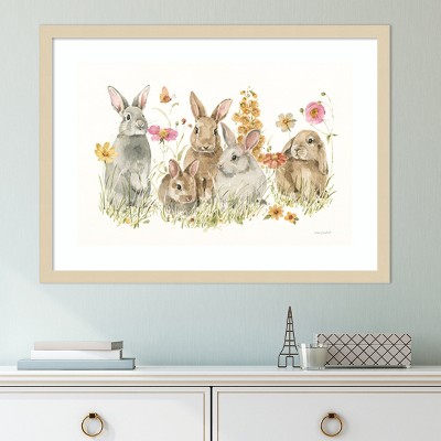 Bunny Hop Spring Scene Wood Framed Wall Art Print
