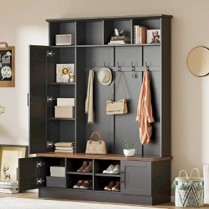 55"W 3-in-1 Hall Tree with 6 Hooks, Coat Rack and Walnut Entryway Storage Bench with Adjustable Shelves - ModernLuxe - 1 of 4