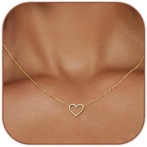 18K Gold Plated Heart Necklace for Women, Dainty Tiny Love Pendant Choker, Simple Open Heart Chain, Trendy Minimalist Gold Jewelry Gift - 1 of 4