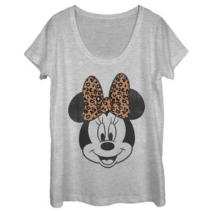 Women's Mickey & Friends Mickey & Minnie Mouse Cheetah Print Bow Scoop Neck - 1 of 3