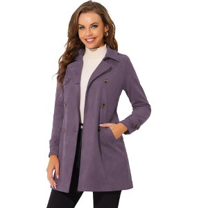 Allegra K Women's Notched Lapel Double Breasted Faux Suede Trench Coat with Belt - 1 of 4