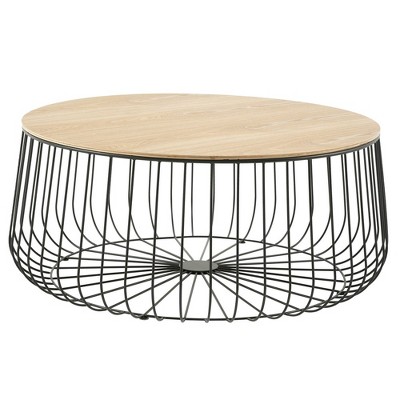 LeisureMod Runswick Round Coffee Table - Modern Wood Top Steel Frame Accent Table for Living Room