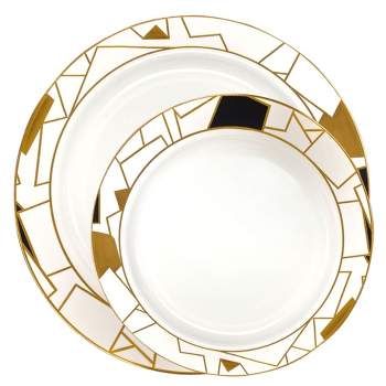 Smarty Had A Party White with Black and Gold Abstract Squares Pattern Round Plastic Dinnerware Value Set (120 Settings)