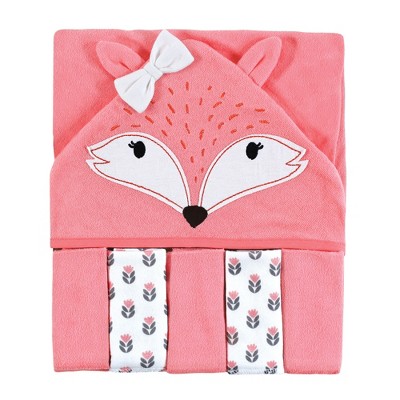 Hudson Baby Infant Girl Hooded Towel and Five Washcloths Set, Girl Foxes, One Size
