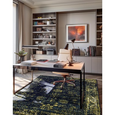 Navy Blue and Yellow Floral Motif Area Rug