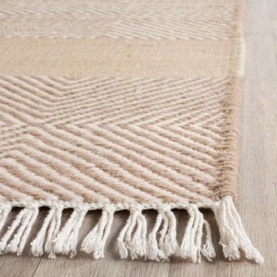 Beige Flat Woven Rectangular Wool and Cotton Area Rug