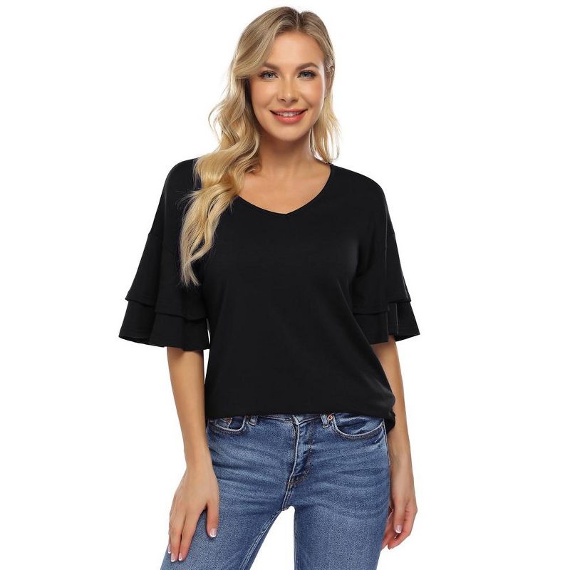Women's Ruffle Tunic Top Casual V Neck Shirt Bell Half Sleeve Pullover Blouse Top, 4 of 8