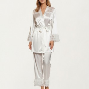 Anna-Kaci Lounge Women's 2-Piece Set Satin Lace Shoulder Long Sleeve Top with Ruffle Cuff Pants - 1 of 4