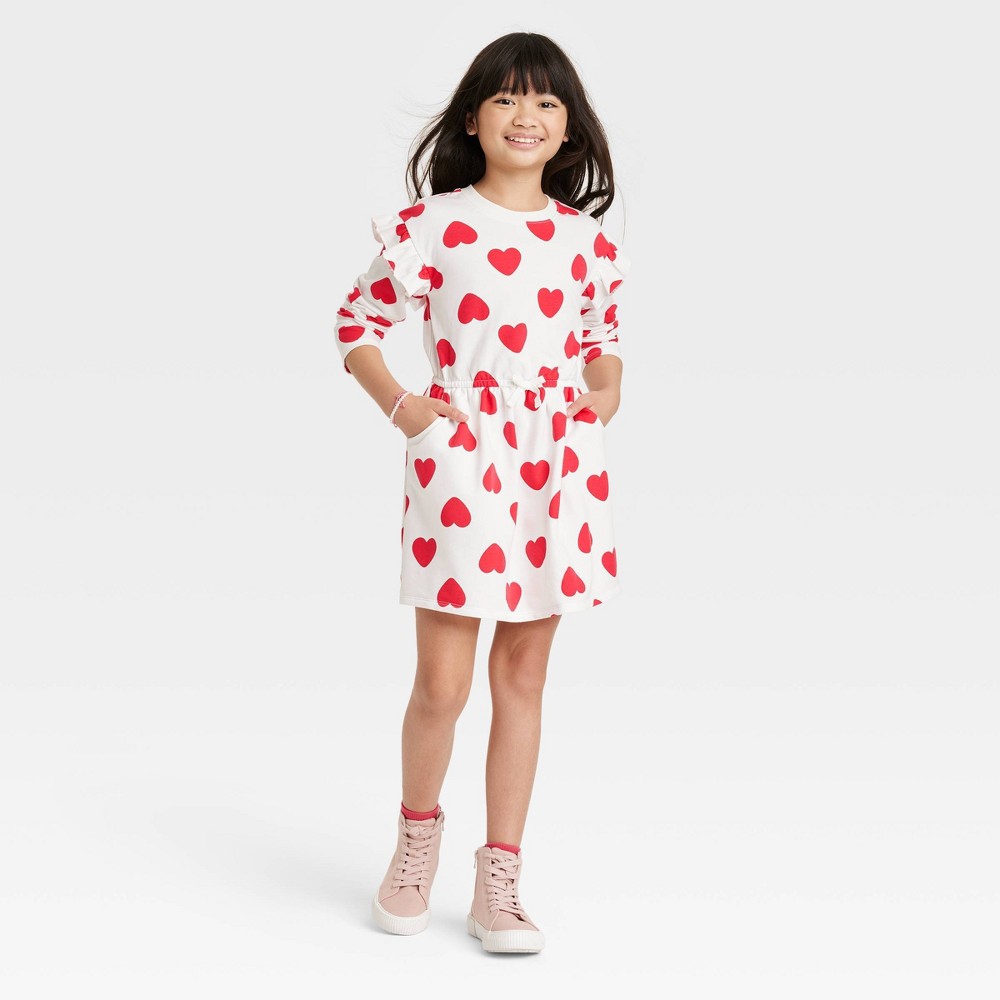 Girls' Valentine's Day 'Heart' Long Sleeve Ruffle Dress - Cat & Jack Cream XL, Ivory