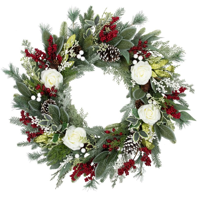Northlight Real Touch™️ Mixed Foliage and Roses Artificial Christmas Wreath 30" - Unlit, 1 of 10
