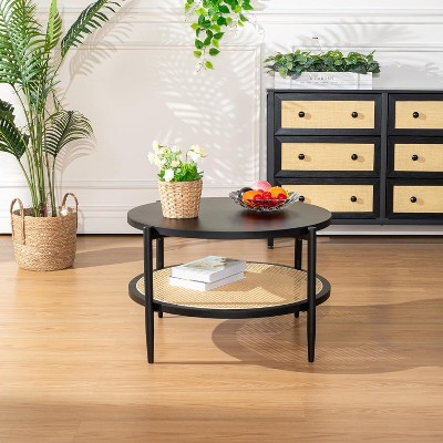 Seynar Round Rattan Coffee Table Mid Century Modern Engineered Wood ...