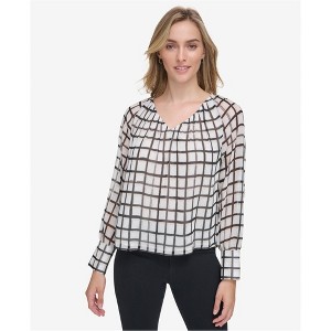 Calvin Klein Womens Printed Plaid V Neck Peasant Blouse - 1 of 1
