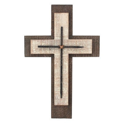 15.8" x 10.2" Decorative Wooden Cross Wall Art Worn White/Brown - Stonebriar Collection