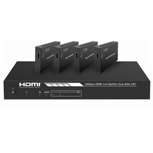 Monoprice Blackbird 4K HDMI 2.0 1x4 Splitter Extender Kit | 18Gbps, HDR, 4K@60Hz, Cat7 With IR, Loop Out, EDID, POC & 4 Receivers, Up to 60 Meter - 1 of 4