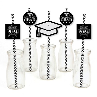Big Dot of Happiness Graduation Cheers Paper Straw Decor - 2024 Graduation Party Striped Decorative Straws - Set of 24