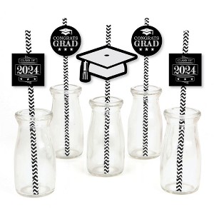 Big Dot of Happiness Graduation Cheers Paper Straw Decor - 2024 Graduation Party Striped Decorative Straws - Set of 24 - 1 of 4