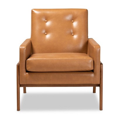 Tan Faux Leather and Walnut Brown Wood Mid-Century Lounge Chair