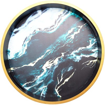 12" Black Marble Round MDF Serving Tray with Gold Trim