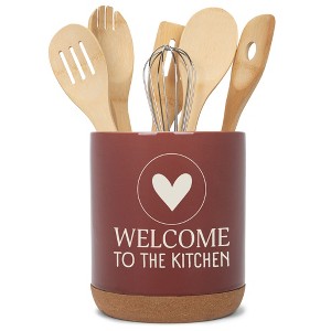 Elanze Designs Welcome to the Kitchen Ceramic Cork Bottom Red Large Capacity Utensil Holder Crock for Countertop Storage, Stylish & Durable for - 1 of 4