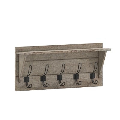 Merrick Lane Pine Wood 24 Inch Wall Mount Storage Rack with 5 Hanging Hooks and Upper Display Shelf