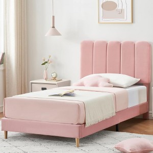 Garvee Twin Bed Frame, Velvet Upholstered Platform Bed Frame with Headboard, Strong Wooden Slats, No Box Spring Needed, Easy Assembly, Pink - 1 of 4