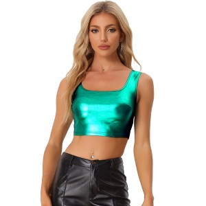 INSPIRE CHIC Women's U Neck Sleeveless Party Clubwear Shiny Metallic Crop Tank Tops - 1 of 4