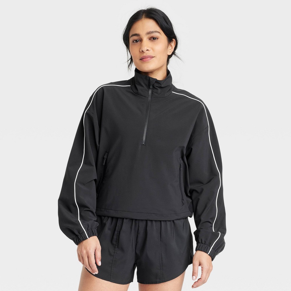 Women's Piped Half-Zip Windbreaker Jacket - All In Motion™ Black XS: Recycled Polyester, Spandex, Elastic Cuffs, Mesh Liner