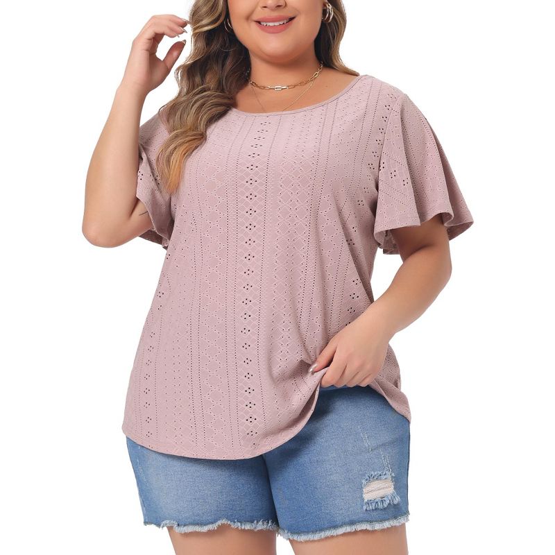Agnes Orinda Women's Plus Size Eyelet Embroidered Round Neck Flare Sleeve Casual Summer Blouses, 2 of 6