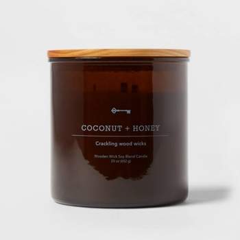3-Wick Amber Glass Coconut + Honey Lidded Wooden Wick Jar Candle 21oz - Threshold™
