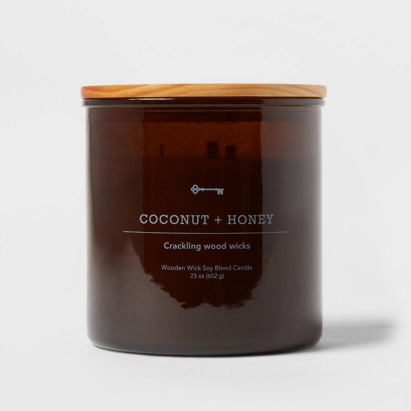 3-Wick Amber Glass Coconut + Honey Lidded Wooden Wick Jar Candle 21oz - Threshold&#8482;, 1 of 5