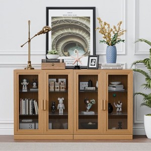 PexFix 62" W x 36" H Large Sideboard Buffet Cabinet with 4 Glass Doors 2 Adjustable Shelves for Kitchen Living/Dinning Room Bedroom Entryway Natural - 1 of 4