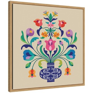 Kate and Laurel Framed Canvas Wall Art Print Floral Blue Vase by Rachel Lee, 22 x 22 Sylvie Natural Frame, Whimsical, Abstract Art for Wall Decor - 1 of 4