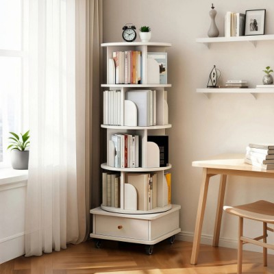 5-tier rotating bookcase, 360° display circular rotating bookcase tower, with wheels and drawers, space-saving, white.