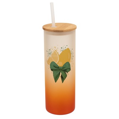 Elanze Designs 25 Ounce Frosted Glass Gradient Travel Tumbler With Straw and Wooden Lid, Lemon Orange