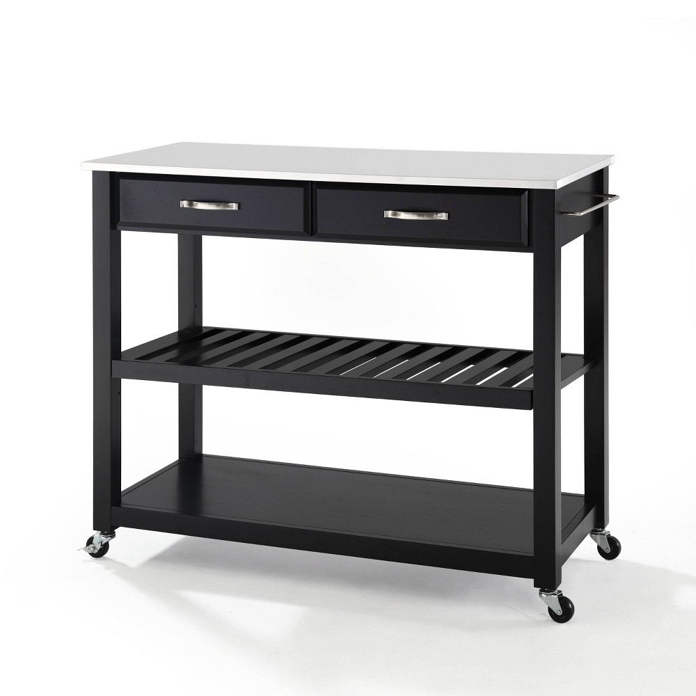 White Granite Top Kitchen Prep Cart Black - Crosley: Storage, Wheels, MDF Wood Frame