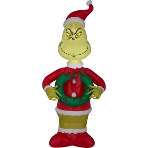 Grinch Christmas Airblown Inflatable as Santa w/Wreath Dr. Seuss, 4 ft Tall, Multicolored - 1 of 4