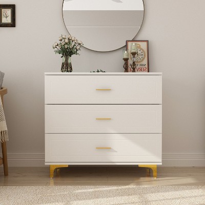 Famapy White 3 Drawers Dresser With Metal Legs and Glass Top