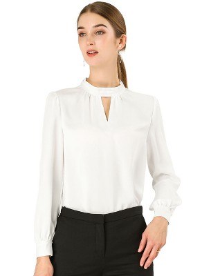 INSPIRE CHIC Women's Office Keyhole Elegant Stand Collar Long Sleeve Back Neck Button Blouse